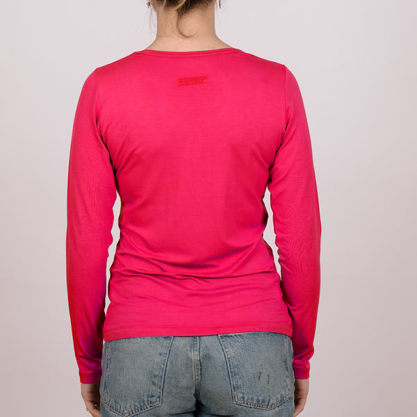 Amoretu Women's V-Neck Long Sleeve T-Shirt - Soft Rayon Solid Color Basic Top, Loose Fit Tee In Pink, Size XL